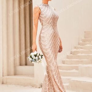 LOVE&LEMONADE Contrast Sequin Mermaid Chain Detail Mock Neck Floor Length Formal Gown