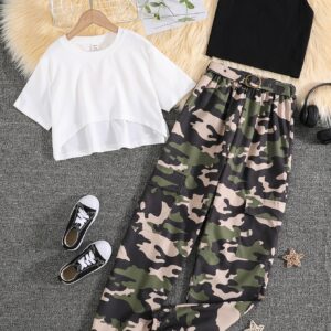 SHEIN Teen Girls High Low Hem Top & Cami Top & Camo Print Pants