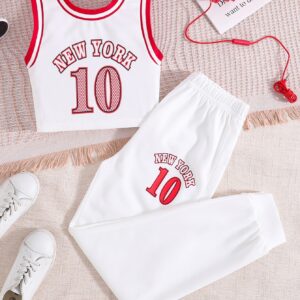 Tween Girl Letter Graphic Contrast Trim Tank Top & Sweatpants