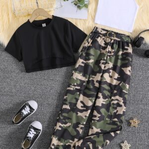 SHEIN Teen Girls High Low Hem Top & Cami Top & Camo Print Pants