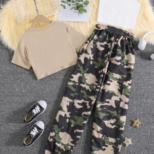 SHEIN Teen Girls High Low Hem Top & Cami Top & Camo Print Pants