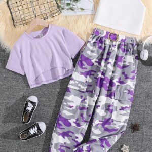 SHEIN Teen Girls High Low Hem Top & Cami Top & Camo Print Pants