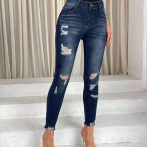 SHEIN SXY Ladies' Solid Color Simple Daily Wear Denim Long Pants