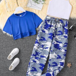 SHEIN Teen Girls High Low Hem Top & Cami Top & Camo Print Pants