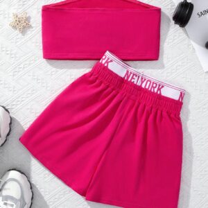 Tween Girl Plain Knitted Tube Top And High-Waisted Shorts Set, Tween Girl Sporty & Cute Knitted Tube Top With Letter Printed Waist Belt And Shorts