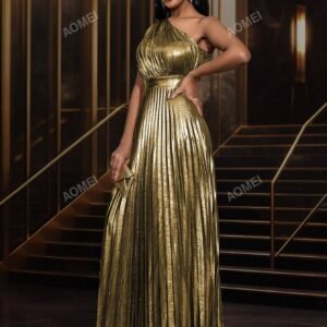 One Shoulder Pleated Hem Metallic Dress