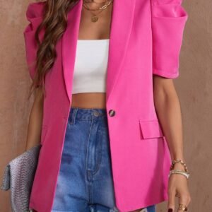 SHEIN Clasi Summer Casual Solid Color Balloon Sleeve Resin Button Blazer Jacket