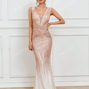 Double-Shoulder V-Neck Sequin Party Dress