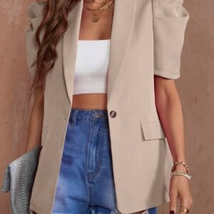 SHEIN Clasi Summer Casual Solid Color Balloon Sleeve Resin Button Blazer Jacket