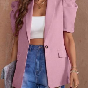 SHEIN Clasi Summer Casual Solid Color Balloon Sleeve Resin Button Blazer Jacket