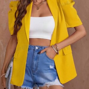 SHEIN Clasi Summer Casual Solid Color Balloon Sleeve Resin Button Blazer Jacket