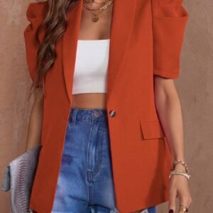 SHEIN Clasi Summer Casual Solid Color Balloon Sleeve Resin Button Blazer Jacket