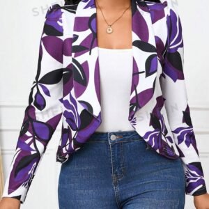 SHEIN Lady Women's Fashionable White Base Purple Printed Blazer, Versatile Combining Piece Women Vintage Clothes Teacher Clothes