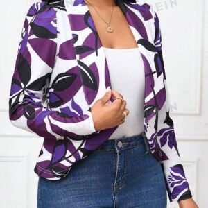 SHEIN Lady Women's Fashionable White Base Purple Printed Blazer, Versatile Combining Piece Women Vintage Clothes Teacher Clothes