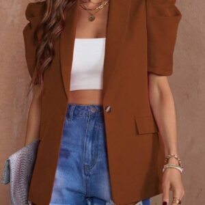 SHEIN Clasi Summer Casual Solid Color Balloon Sleeve Resin Button Blazer Jacket