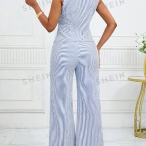 SHEIN Lady Women's Blue & White Striped V-Neck Casual Blazer And Matching Pants 2-Piece Suit Set For Work