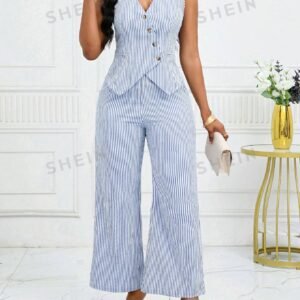 SHEIN Lady Women's Blue & White Striped V-Neck Casual Blazer And Matching Pants 2-Piece Suit Set For Work