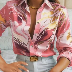 Clasi Marble Print Button Front  Long Sleeve Shirt