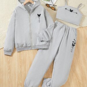 Teen Girl Letter & Butterfly Print Cami Top & Sweatpants & Zip Up Hoodie