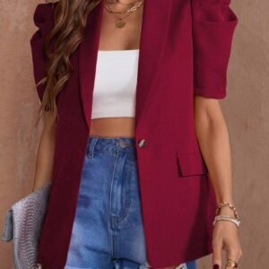 SHEIN Clasi Summer Casual Solid Color Balloon Sleeve Resin Button Blazer Jacket