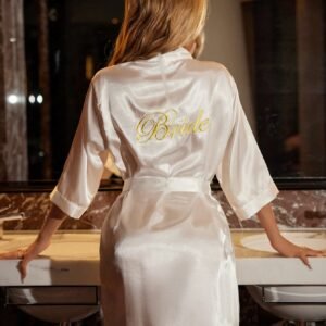 SHEIN SilkySpell Letter Embroidered Self Belted Satin Bride Robe