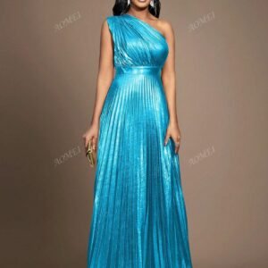 One Shoulder Pleated Hem Metallic Dress