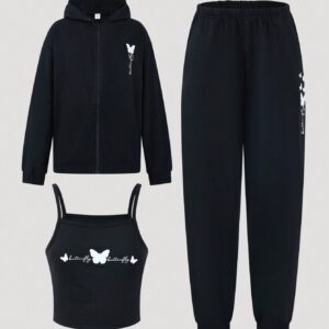 Teen Girl Letter & Butterfly Print Cami Top & Sweatpants & Zip Up Hoodie