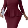 Runwind Plus Size Women’s Dresses for Curvy Women Work Church Vintage Pencil Dresses V Neck 3/4 Sleeve Wine Red -  54355125528008