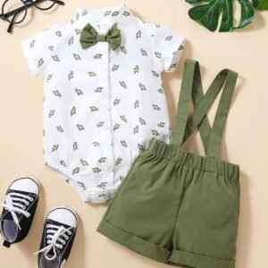 Baby Boy Dinosaur Print Bow Front Shirt Bodysuit & Pinafore Shorts