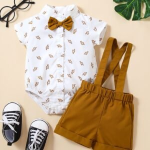 Baby Boy Dinosaur Print Bow Front Shirt Bodysuit & Pinafore Shorts