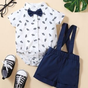 Baby Boy Dinosaur Print Bow Front Shirt Bodysuit & Pinafore Shorts