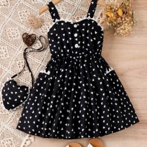 Young Girl Allover Heart Print Guipure Lace Trim Cami Dress With Bag