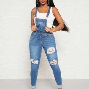 Ripped Roll Up Hem Denim Overall