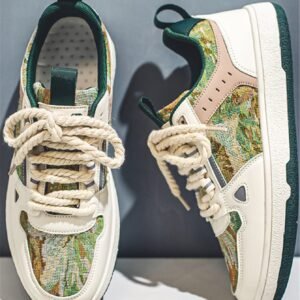 Men's Trendy Forest Oil Painting Style Color Blocking Front Lace-up Casual Sneakers With Unique Design