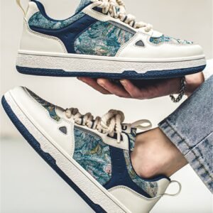 Men's Trendy Forest Oil Painting Style Color Blocking Front Lace-up Casual Sneakers With Unique Design