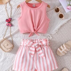 Young Girl Monochromatic Vest Top With Belted Striped Shorts Outfit