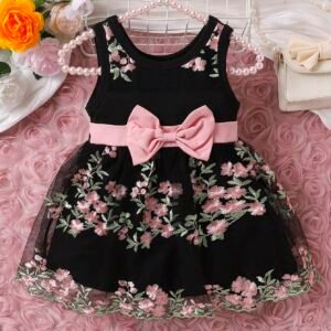 Baby Girl Floral Embroidery Mesh Overlay Bow Front Dress