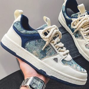 Men's Trendy Forest Oil Painting Style Color Blocking Front Lace-up Casual Sneakers With Unique Design