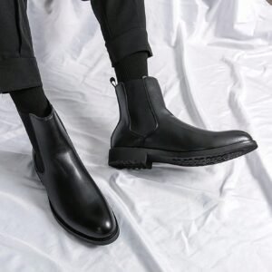 Men Fashion Chelsea Boots High Top Slip-On Leather Boots, Winter, Warm, Anti-Cold, Snow Boots, Outdoor,  Boots, Street Style, Trendy, Motorcycle, Versatile Men Shoes, Soft Leather Upper & Sole, Comfortable