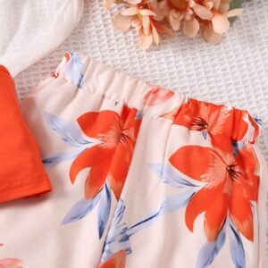 Young Girl 2pcs/Set Holiday Asymmetrical Neck Top With Floral Printed Wide Leg Pants