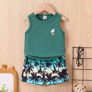 Baby Boy Coconut Tree Print Tank Top & Shorts