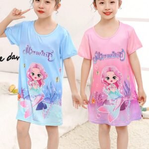 2pcs Young Girls' Mermaid Letter Print Short Sleeve Dress Set