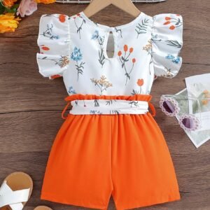 Young Girl's Plant Printed Ruffle Sleeve Top And Shorts Set