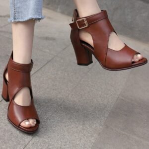 Fashionable Four Seasons Women Shoes: Brown Sandals With Buckle & Hollow Out PU High-Heeled Shoes