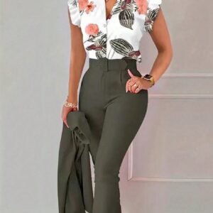 Clasi 2pcs Women's Casual Floral Print Cap Sleeve Blouse And Solid Color Pants Set, Summer