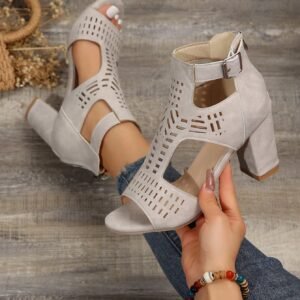 Women's Thick Heel Hollow-Out Open Toe Fashionable Platform 8cm High Heel Sandals, Suitable For Office, Party, Travel, Holiday, All Seasons, Brown