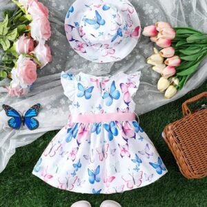 Baby Girl Butterfly Printed Dress And Hat Set - Cute Flutter Sleeve Outfit, Holiday Clothing