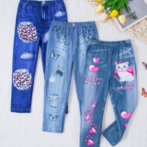 3pcs/Set Young Girls' Casual And Cute Printed Jeans With Denim Effect, Spring/Summer