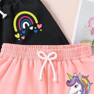 3pcs Young Girls' Cartoon Unicorn Print Shorts Set