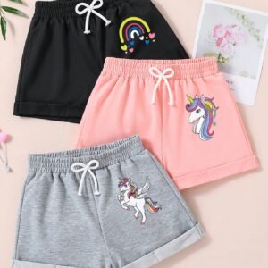 3pcs Young Girls' Cartoon Unicorn Print Shorts Set